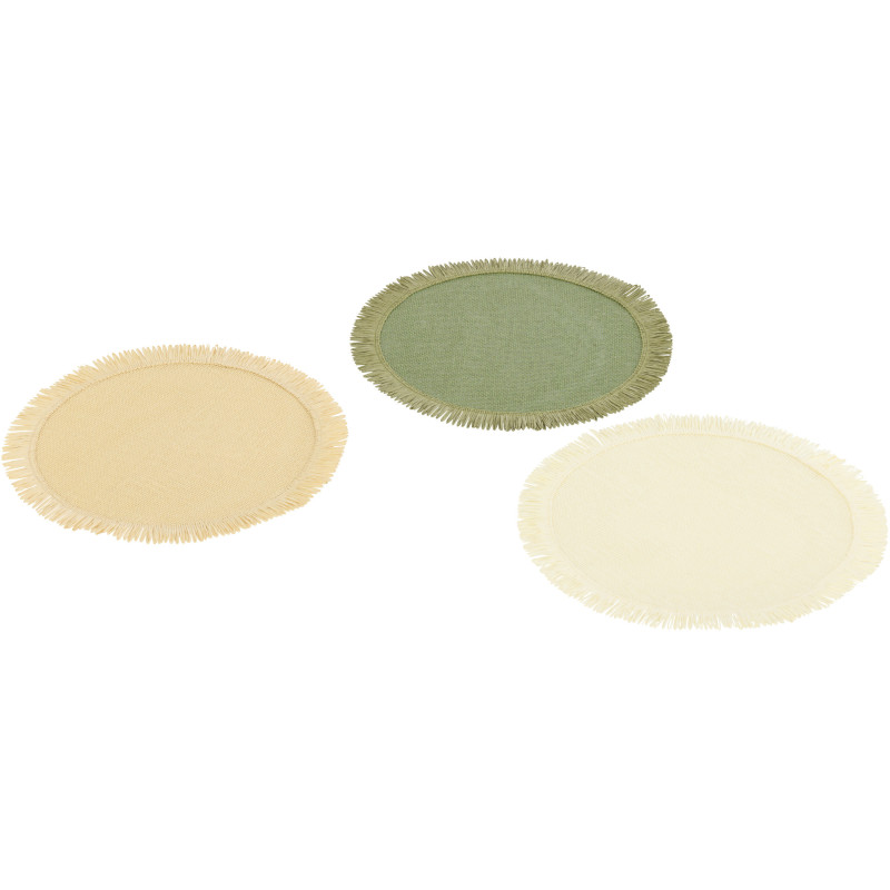 Lot de 3 Sets de table bohème Rond 38 cm Papier Vert Beige Blanc écru Avec franges Matcha 