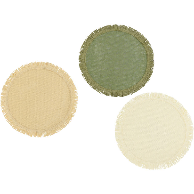 Lot de 3 Sets de table bohème Rond 38 cm Papier Vert Beige Blanc écru Avec franges Matcha 