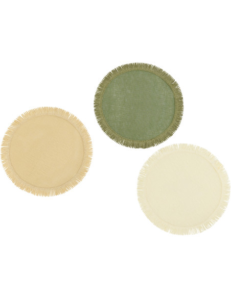 Lot de 3 Sets de table bohème Rond 38 cm Papier Vert Beige Blanc écru Avec franges Matcha 