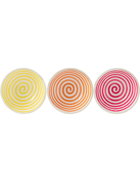 Lot de 3 Saladiers Japandi pop Rond 30 cm Bois de manguier Blanc Jaune Orange Rose Motif spirale Uzuori 