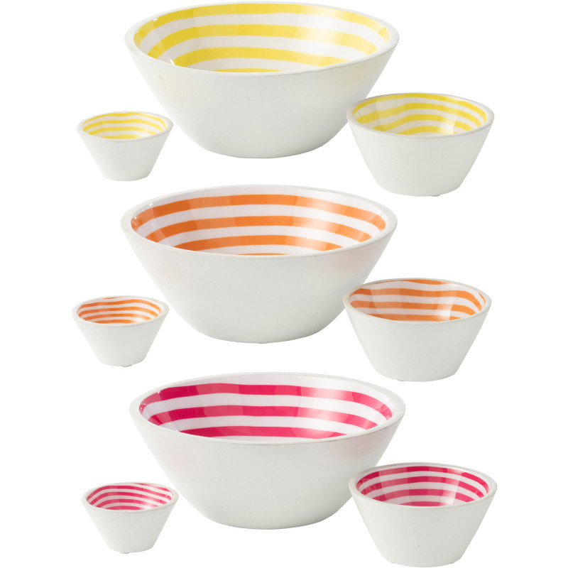 Lot de 3 Saladiers Japandi pop Rond 30 cm Bois de manguier Blanc Jaune Orange Rose Motif spirale Uzuori 