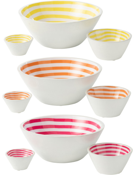 Lot de 3 Saladiers Japandi pop Rond 30 cm Bois de manguier Blanc Jaune Orange Rose Motif spirale Uzuori 