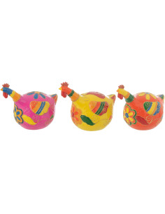 Lot de 3 Poules Folk colorées H 15 cm Résine Rose Jaune Orange Gallya 