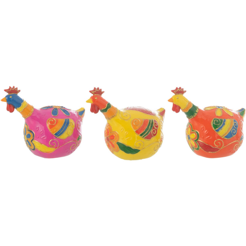 Lot de 3 Poules Folk colorées H 10 cm Résine Rose Jaune Orange Gallya 