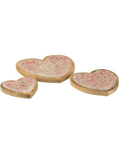 Lot de 3 Plats romantique chic Coeur Bois de manguier Naturel Rose Motif coeurs Amorossi 