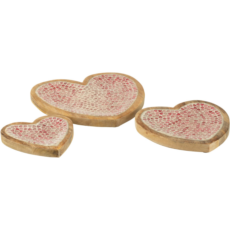 Lot de 3 Plats romantique chic Coeur Bois de manguier Naturel Rose Motif coeurs Amorossi 