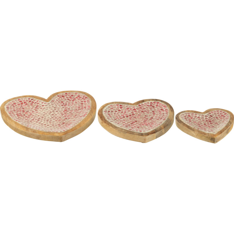 Lot de 3 Plats romantique chic Coeur Bois de manguier Naturel Rose Motif coeurs Amorossi 