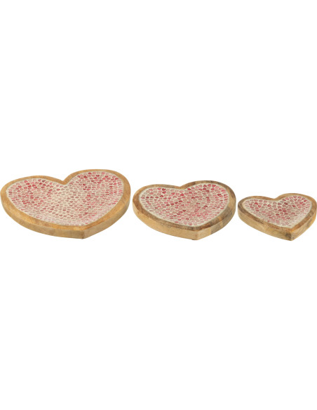 Lot de 3 Plats romantique chic Coeur Bois de manguier Naturel Rose Motif coeurs Amorossi 