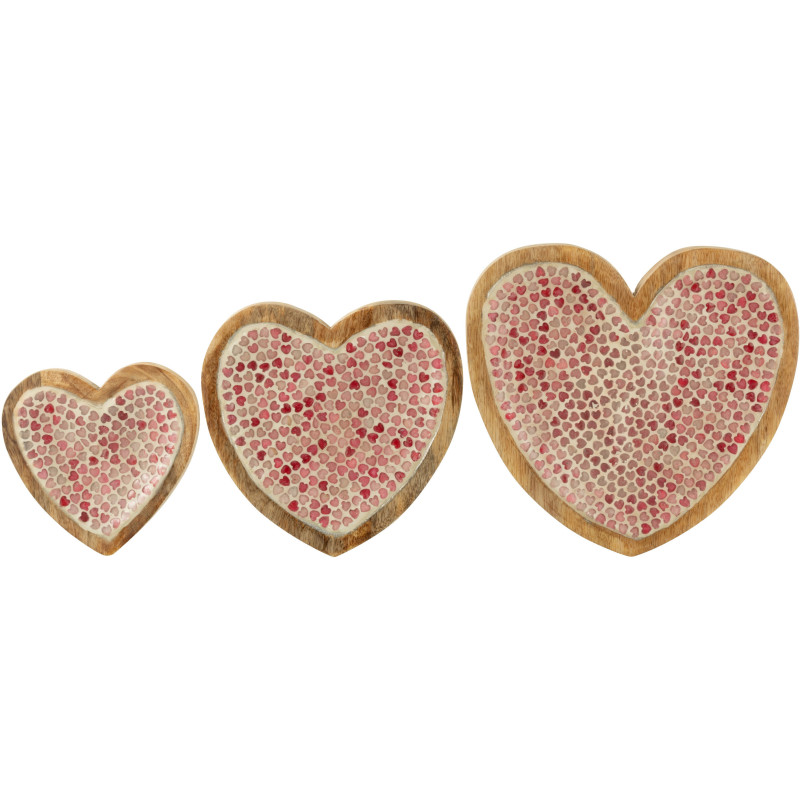 Lot de 3 Plats romantique chic Coeur Bois de manguier Naturel Rose Motif coeurs Amorossi 