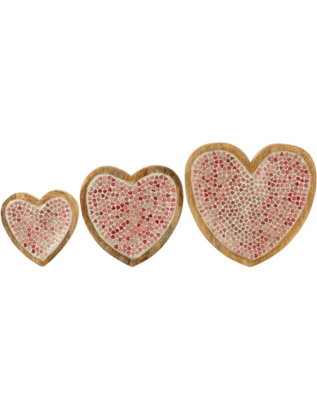 Lot de 3 Plats romantique chic Coeur Bois de manguier Naturel Rose Motif coeurs Amorossi 