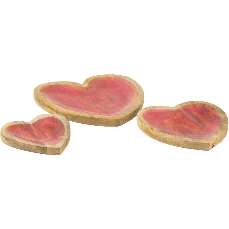 Lot de 3 Plats romantique chic Coeur Bois de manguier Naturel Rose Amorossi 