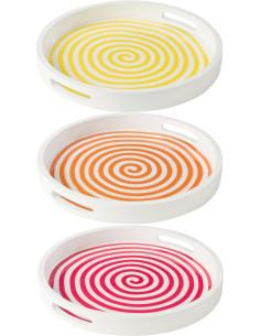 Lot de 3 Plateaux de service Japandi pop Rond 40 cm Bois de manguier Blanc Jaune Orange Rose Motif spirale Uzuori 