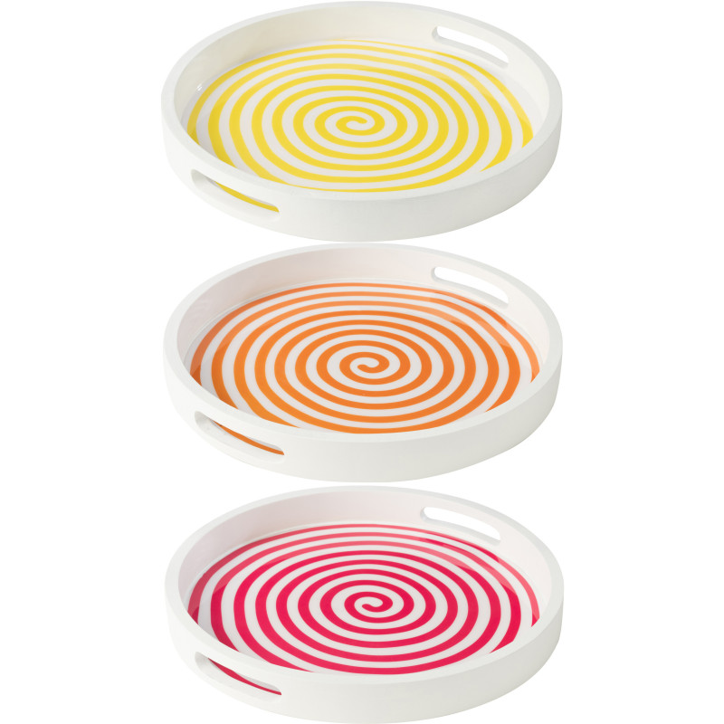 Lot de 3 Plateaux de service Japandi pop Rond 40 cm Bois de manguier Blanc Jaune Orange Rose Motif spirale Uzuori 