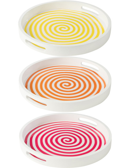 Lot de 3 Plateaux de service Japandi pop Rond 40 cm Bois de manguier Blanc Jaune Orange Rose Motif spirale Uzuori 