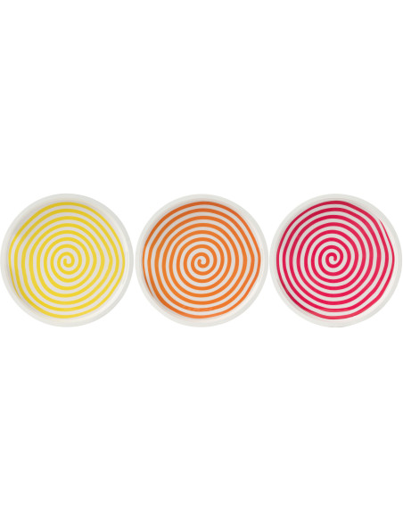 Lot de 3 Plateaux de service Japandi pop Rond 40 cm Bois de manguier Blanc Jaune Orange Rose Motif spirale Uzuori 