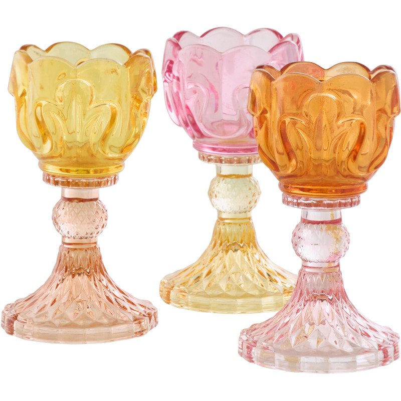Lot de 3 Photophores sur pied Fleur H 14 cm Verre Jaune Rose Orange Luminadia 
