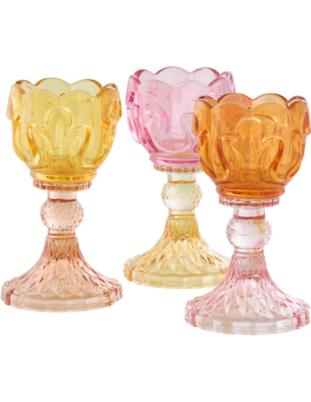 Lot de 3 Photophores sur pied Fleur H 14 cm Verre Jaune Rose Orange Luminadia 