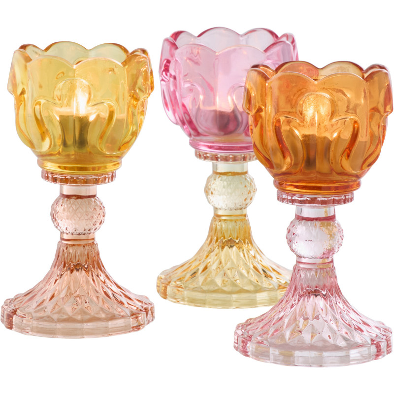 Lot de 3 Photophores sur pied Fleur H 14 cm Verre Jaune Rose Orange Luminadia 