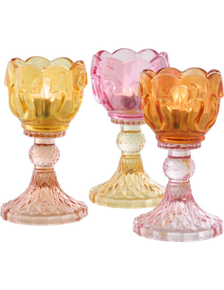 Lot de 3 Photophores sur pied Fleur H 14 cm Verre Jaune Rose Orange Luminadia 
