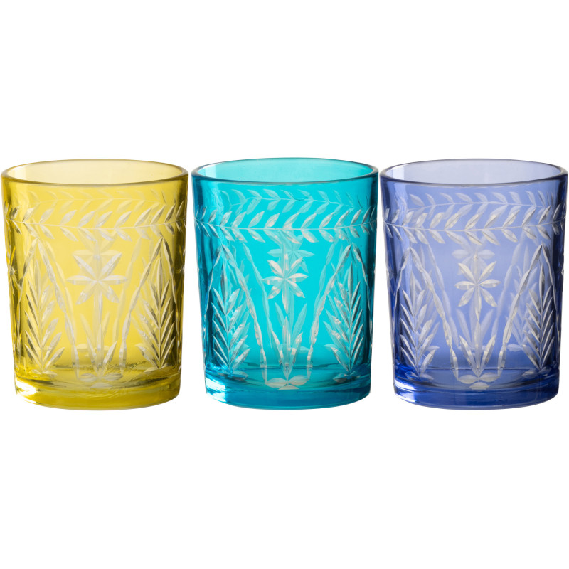 Lot de 3 Photophores style méditerrannée D 8 cm Verre Jaune Turquoise Bleu Tarifa 