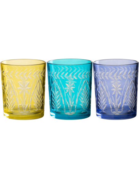 Lot de 3 Photophores style méditerrannée D 8 cm Verre Jaune Turquoise Bleu Tarifa 