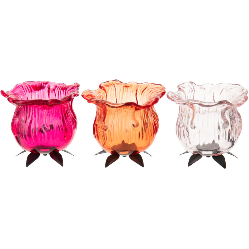 Lot de 3 Photophores design Fleurs 10 cm Verre Orange Rose Transparent Flowra 
