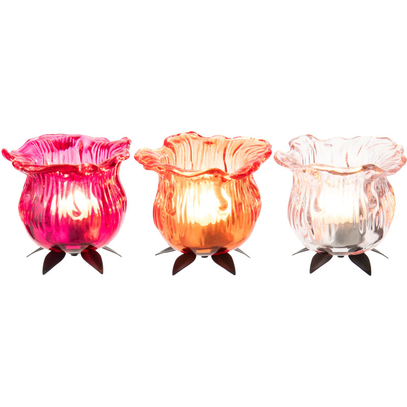 Lot de 3 Photophores design Fleurs 10 cm Verre Orange Rose Transparent Flowra 