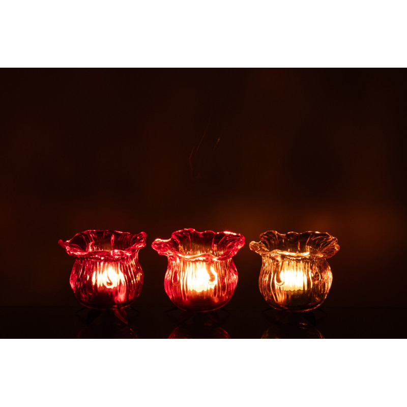 Lot de 3 Photophores design Fleurs 10 cm Verre Orange Rose Transparent Flowra 