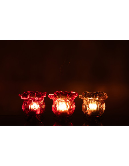 Lot de 3 Photophores design Fleurs 10 cm Verre Orange Rose Transparent Flowra 