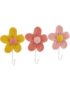 Lot de 3 Patères murales Fleurs Résine Jaune Orange Rose Métal Blanc Floretti 