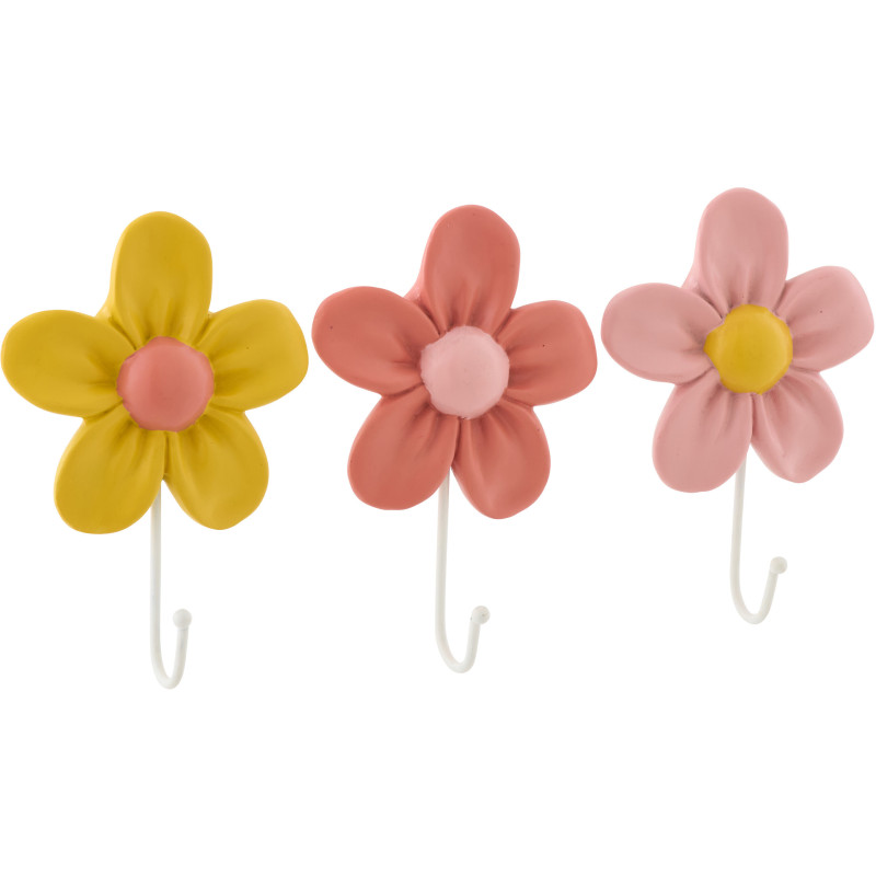 Lot de 3 Patères murales Fleurs Résine Jaune Orange Rose Métal Blanc Floretti 