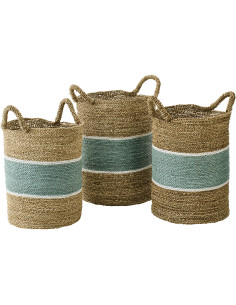 Lot de 3 Paniers de rangement style bord de mer Jonc de mer Naturel Blanc Turquoise Tressé Rivélina 