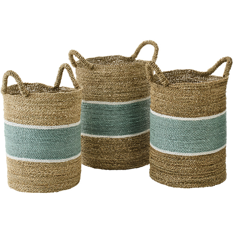 Lot de 3 Paniers de rangement style bord de mer Jonc de mer Naturel Blanc Turquoise Tressé Rivélina 