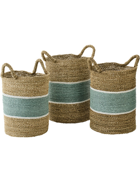 Lot de 3 Paniers de rangement style bord de mer Jonc de mer Naturel Blanc Turquoise Tressé Rivélina 