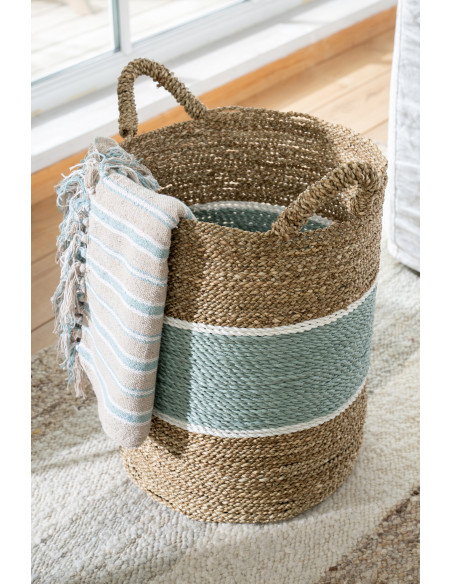 Lot de 3 Paniers de rangement style bord de mer Jonc de mer Naturel Blanc Turquoise Tressé Rivélina 
