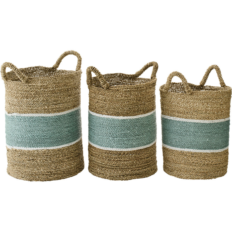 Lot de 3 Paniers de rangement style bord de mer Jonc de mer Naturel Blanc Turquoise Tressé Rivélina 