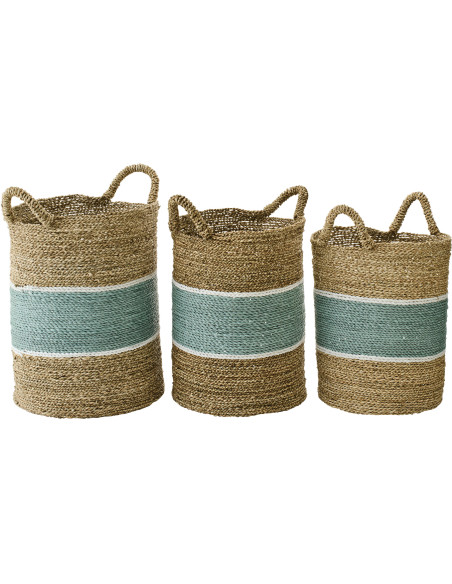 Lot de 3 Paniers de rangement style bord de mer Jonc de mer Naturel Blanc Turquoise Tressé Rivélina 