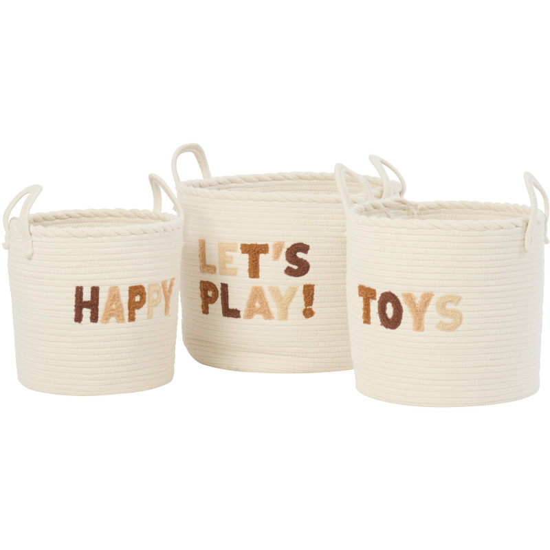 Lot de 3 Paniers de rangement jouets Coton Blanc Marron Tressé Let's Play 