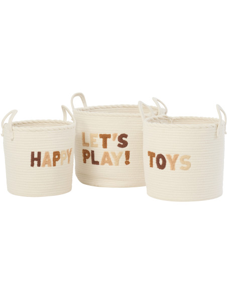 Lot de 3 Paniers de rangement jouets Coton Blanc Marron Tressé Let's Play 