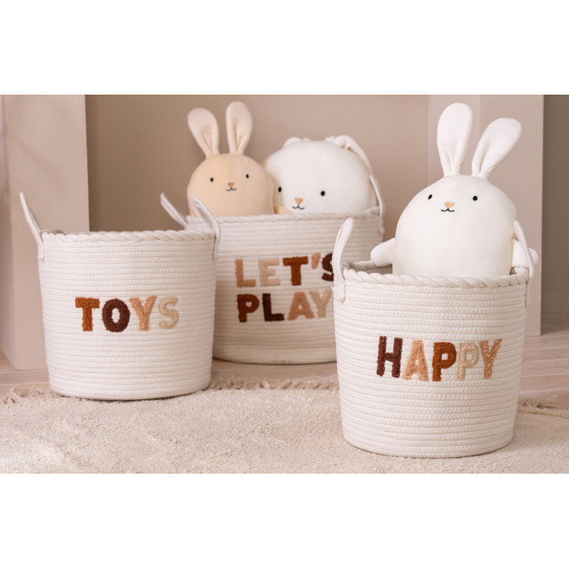 Lot de 3 Paniers de rangement jouets Coton Blanc Marron Tressé Let's Play 