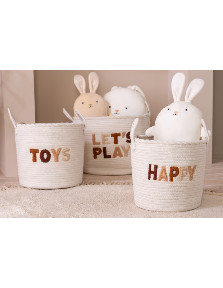 Lot de 3 Paniers de rangement jouets Coton Blanc Marron Tressé Let's Play 