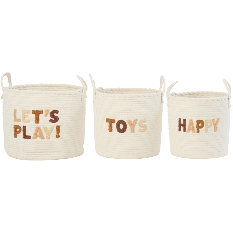 Lot de 3 Paniers de rangement jouets Coton Blanc Marron Tressé Let's Play 
