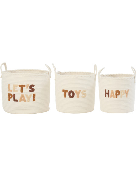 Lot de 3 Paniers de rangement jouets Coton Blanc Marron Tressé Let's Play 