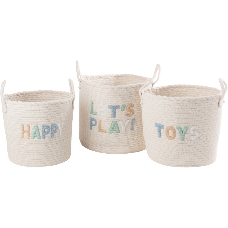 Lot de 3 Paniers de rangement jouets Coton Blanc Bleu Tressé Let's Play 