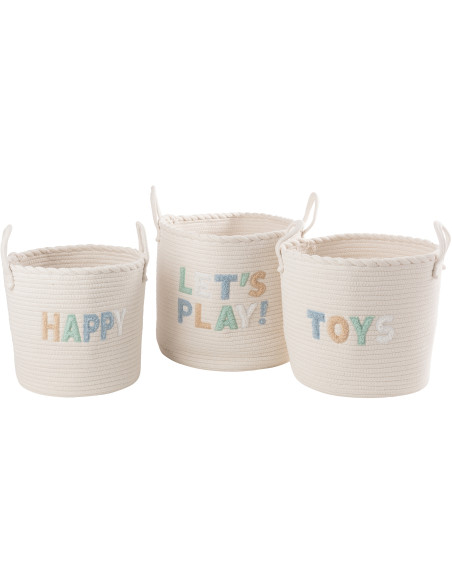Lot de 3 Paniers de rangement jouets Coton Blanc Bleu Tressé Let's Play 