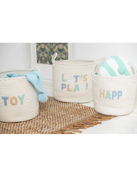 Lot de 3 Paniers de rangement jouets Coton Blanc Bleu Tressé Let's Play 