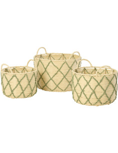 Lot de 3 Paniers de rangement ethnique chic Papier Naturel Vert Tressé Métal Lianéa 
