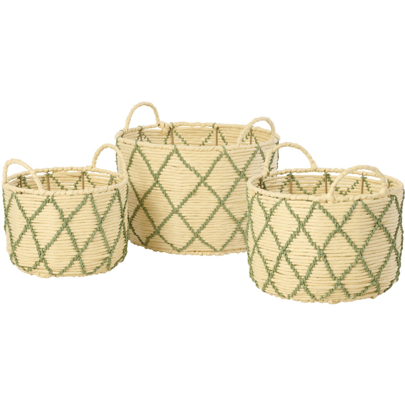 Lot de 3 Paniers de rangement ethnique chic Papier Naturel Vert Tressé Métal Lianéa 
