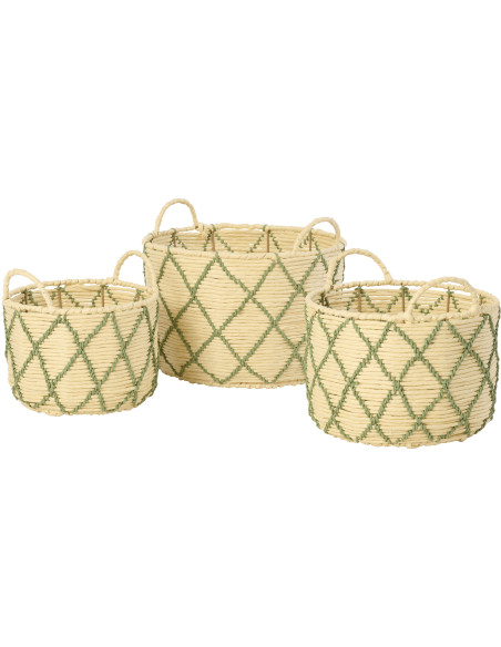 Lot de 3 Paniers de rangement ethnique chic Papier Naturel Vert Tressé Métal Lianéa 