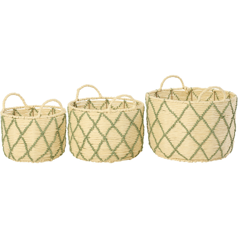 Lot de 3 Paniers de rangement ethnique chic Papier Naturel Vert Tressé Métal Lianéa 